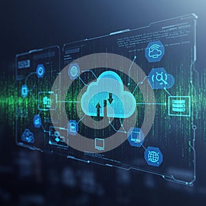 Futuristic digital interface featuring a central cloud icon connected to various