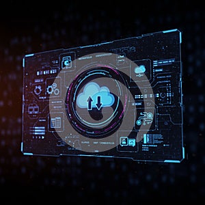 Futuristic digital interface featuring a central cloud icon surrounded by text and