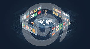 Futuristic digital interface featuring a central 3D globe surrounded by transparent