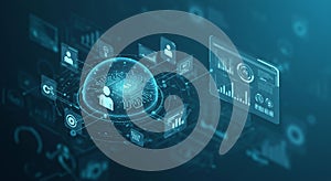 Futuristic digital interface featuring a central globe surrounded by interconnected