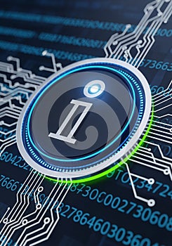 Futuristic digital interface featuring a circular button with an 