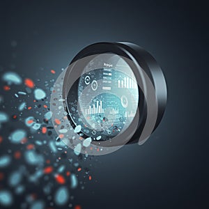 A futuristic digital interface featuring a circular device displaying various data