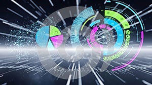 Futuristic digital interface featuring colorful, translucent data visualizations