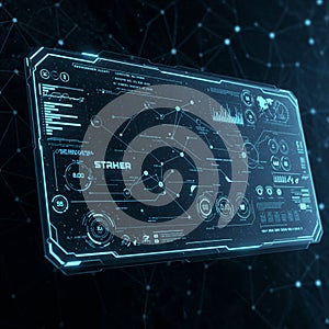 Futuristic digital interface featuring a complex array of data visualizations, glowing in