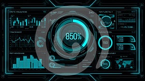 Digital Futuristic Interface Displaying Complex Data Analysis and Performance Metrics