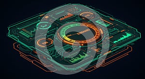 Futuristic digital interface featuring a 3D holographic display with circuit patterns,