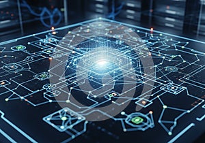 Futuristic digital interface featuring a detailed