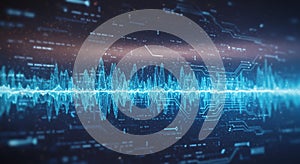 Futuristic digital interface featuring dynamic blue waveforms and electronic circuit