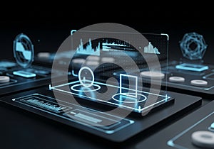 Futuristic digital interface featuring floating holographic