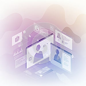 Futuristic digital interface featuring floating screens in a purple and blue gradient.