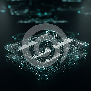 Futuristic digital interface featuring floating transparent screens displaying various