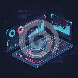 Futuristic digital interface featuring holographic charts and data visualizations. The
