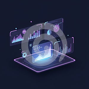 A futuristic digital interface featuring holographic data charts and graphs. Various