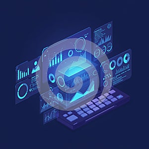 Futuristic digital interface featuring holographic data visualizations above a keyboard.