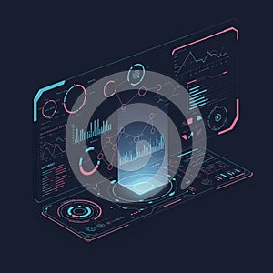 Futuristic digital interface featuring holographic elements and data visualizations. The