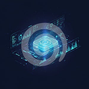 Futuristic digital interface featuring holographic graphs, charts, and data