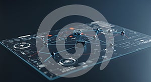 Futuristic digital interface featuring interconnected geometrical shapes, lines, and