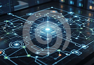 Futuristic digital interface featuring intricate network