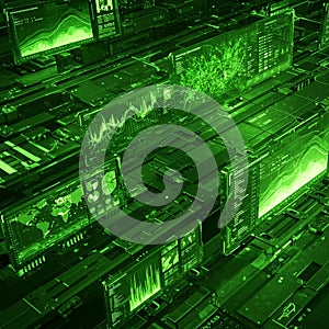 Futuristic digital interface featuring multiple transparent monitors displaying various