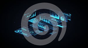 Futuristic digital interface featuring multiple transparent screens displaying
