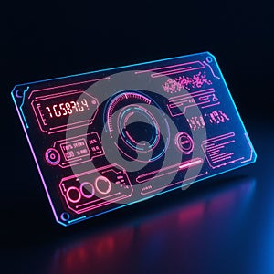 A futuristic digital interface featuring neon pink and blue elements against a dark