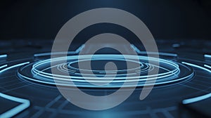 Futuristic digital interface featuring a series of concentric circles and grid patterns.