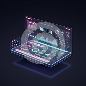 Futuristic digital interface featuring a transparent, holographic control panel. Displays