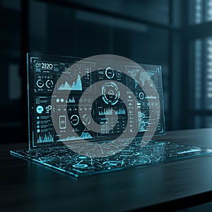 Futuristic digital interface featuring a transparent, holographic screen displaying