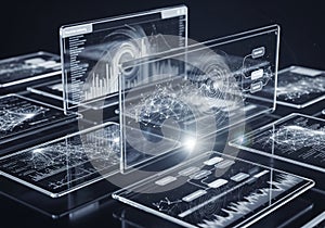 Futuristic digital interface featuring transparent screens