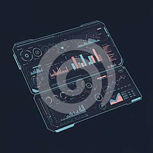 A futuristic digital interface featuring two holographic screens displaying various data
