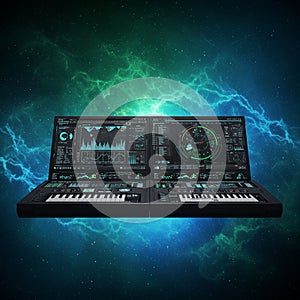 Futuristic digital interface featuring two large screens displaying complex graphs and