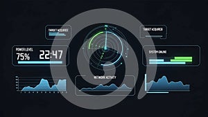 Futuristic digital interface featuring various HUD heads up display elements
