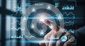 Futuristic digital interface with finger interaction and data visualization