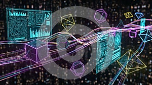 Futuristic Digital Interface with Geometric Shapes and Data Streams technology