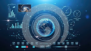 Futuristic digital interface with global data visualization and analytics