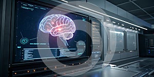 Futuristic digital interface with glowing AI brain display