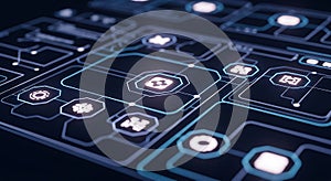 Futuristic digital interface with glowing blue circuit board lines and icons technology