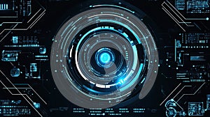 Futuristic digital interface with glowing blue circular designs and data patterns in a dark background