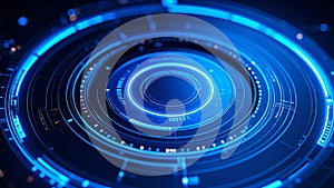 Futuristic digital interface with glowing blue circular elements and data visualization.
