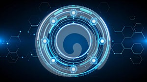 Futuristic digital interface with glowing blue circular elements and hexagonal patterns
