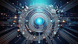Futuristic digital interface with glowing blue core, intricate circuits, and high tech elements., ai generative
