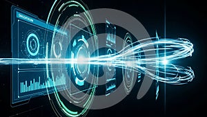Futuristic digital interface with glowing blue data streams and abstract circular elements technology
