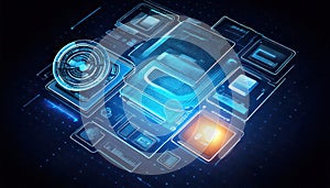 Futuristic digital interface with glowing blue elements