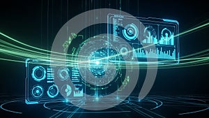 Futuristic Digital Interface with Glowing Blue and Green Data Streams and Graphs technology