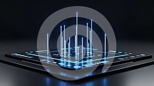 Futuristic Digital Interface with Glowing Blue Light Beams and Data Visualization technology