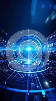 Futuristic digital interface with glowing blue light and data visualization elements.