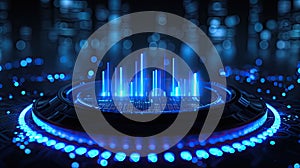 A futuristic digital interface with glowing blue lights and data visualization bars