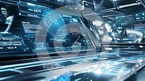 Futuristic digital interface with glowing blue lines and intricate patterns, showcasing advanced technology and data visualization