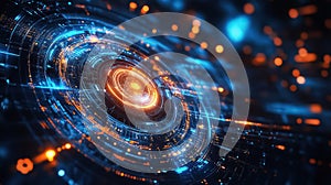 Futuristic digital interface with glowing blue and orange lights, creating dynamic technology background., ai generative