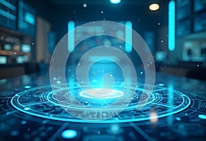 futuristic digital interface with glowing blue patterns and technology